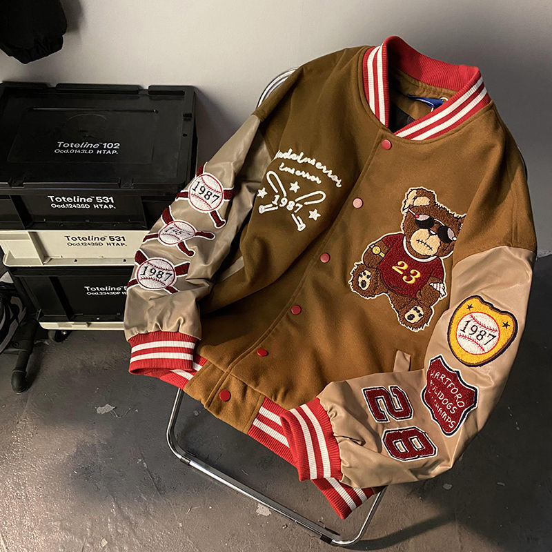Retro bear embroidered baseball uniform men and women tide ins spring new loose couple street jacket jacket bomber jacket traf