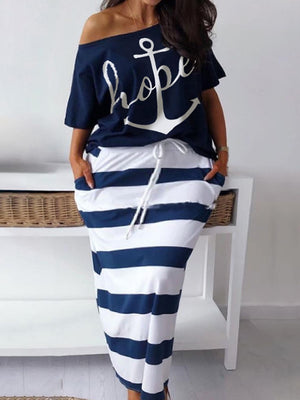 LW Plus Size Two Piece Letter Print Striped Skirt Set Fashion Casual Oblique Bateau Collar Summer Tops+Bottoms Matching Outfits