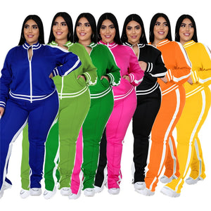 Plus Size L-5XL Two Piece Set Women Sweatsuit Zip Striped Top Slit Sweatpants Jogger Outfit Matching Set Wholesale Dropshipping