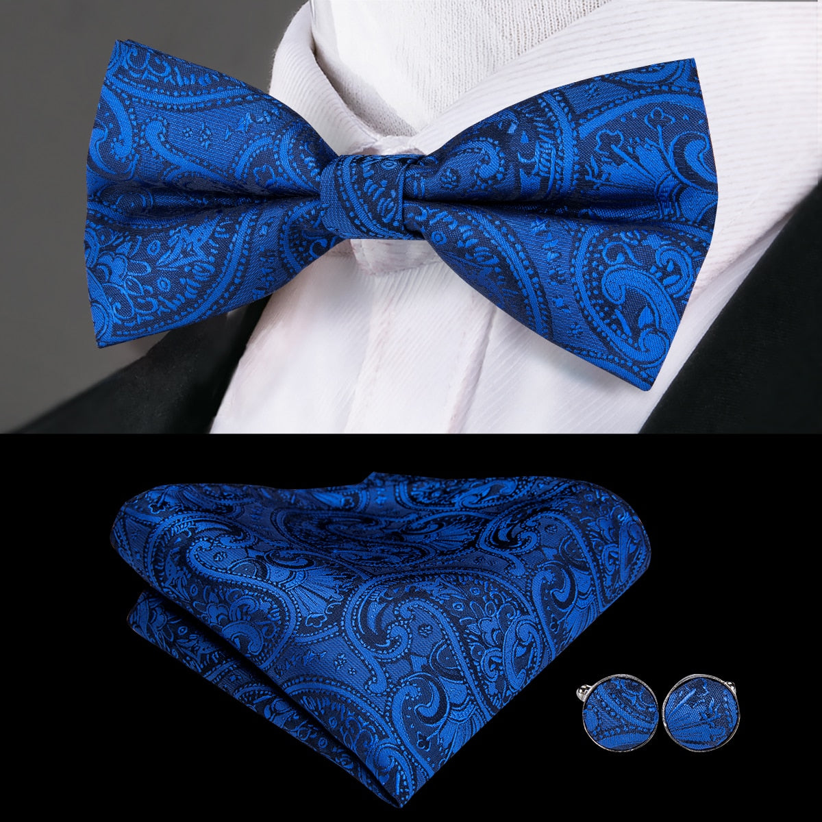 Hi-Tie Classic Black Bow Ties for Men 100% Silk Butterfly Pre-Tied Bow Tie Pocket Square Cufflinks Suit Set Floral Gold Bowties
