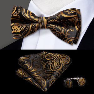 Hi-Tie Classic Black Bow Ties for Men 100% Silk Butterfly Pre-Tied Bow Tie Pocket Square Cufflinks Suit Set Floral Gold Bowties