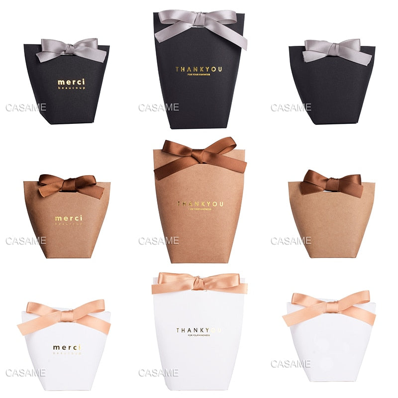 6 pcs Black White Kraft Paper Bag Bronzing French &quot;Merci&quot; Thank You Gift Box Package Brown Party Favor Candy Bags with Ribbon