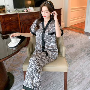 M-5XL Plus Size Luxury Silk Pajamas for Women Summer V Neck Letter Print Home Suit Stain Pajama Set Woman Sleepwear Pijama Mujer