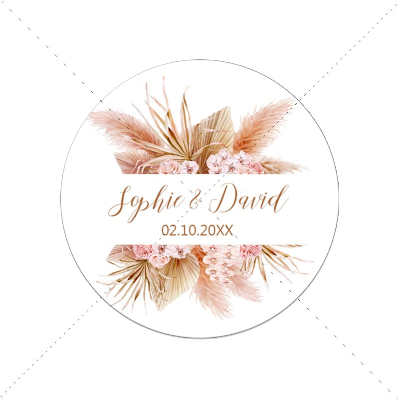 Pampas Grass Custom Name Date Round Circle Label Stickers Personalized Thank You Stickers for Bridal Shower Party Favors