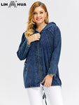 LIH HUA Women's Plus Size Denim Jacket Fall Casual High Stretch Hoodie Cotton Knit Jacket
