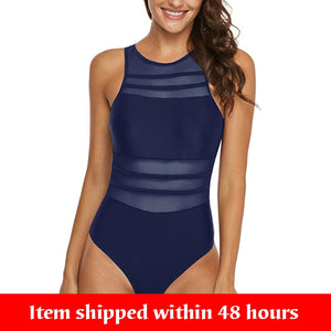 Sexy One Piece Swimsuit Black Mesh Swimwear for Women High Neck Summer Beachwear (shipped within 48 hours)