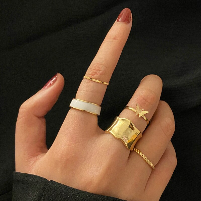 Modyle 10 pcs/set Bohemian Ring Set Gold Silver Color Wide Rings For Women Girls Simple Chain Finger Tail Rings