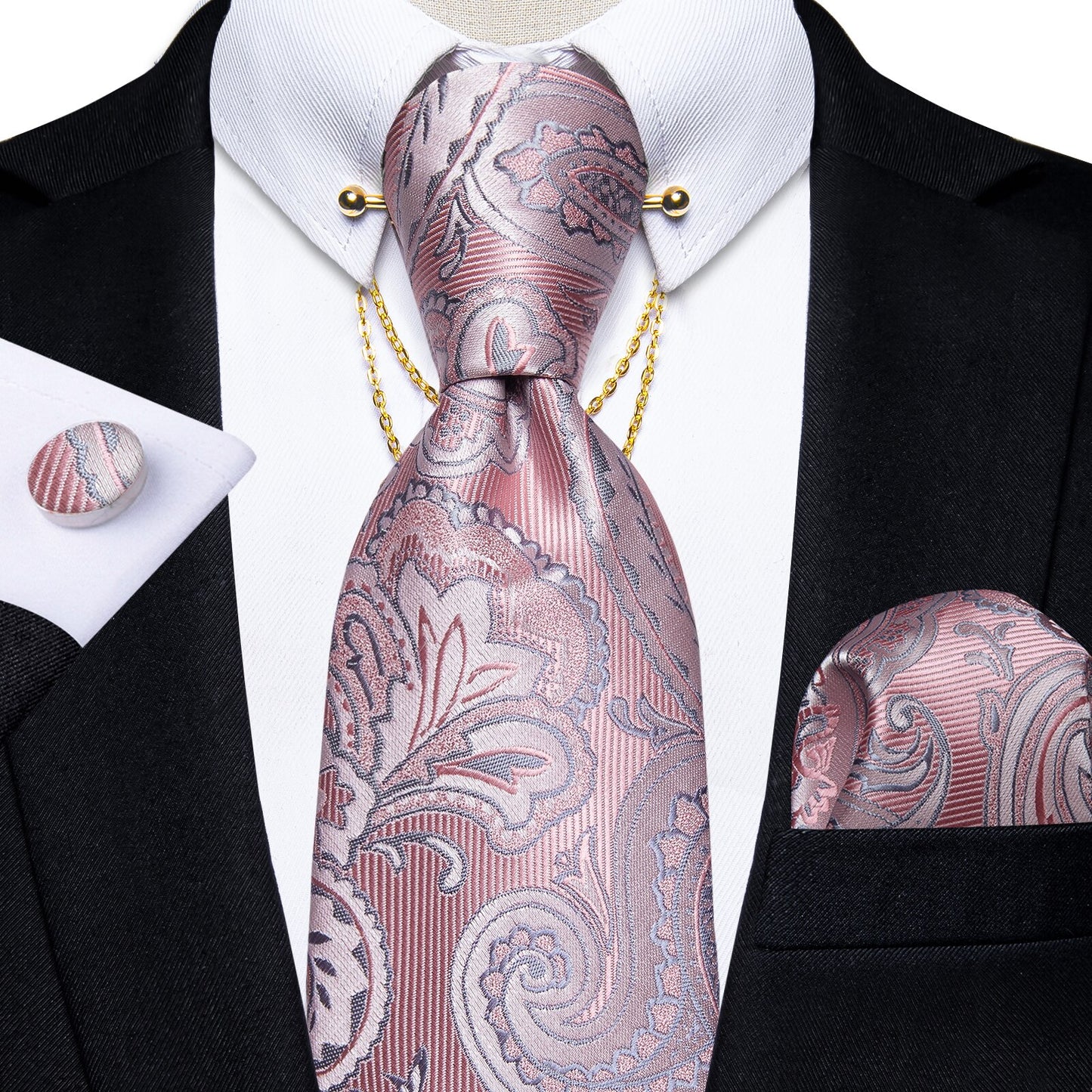 Luxury Black Gold Paisley Silk Ties For Men 8cm Men's Wedding Neck Tie Pocket Square Cufflinks Set Collar Pin Men's Gift