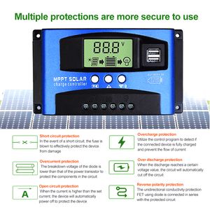 MPPT Solar Charge Controller PWM 100A 60A 50A 40A 30A Photovoltaic Power Regulator Auto 12V/24V Dual USB LCD Load Discharger