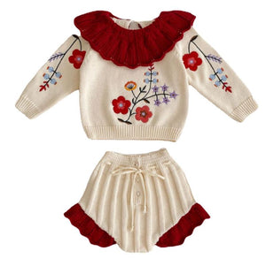 Spring Autumn Infant Baby Girls Knit Long Sleeve Loving Heart Coat + Rompers Clothing Sets Kids Girls Suit Clothes 0-2Yrs