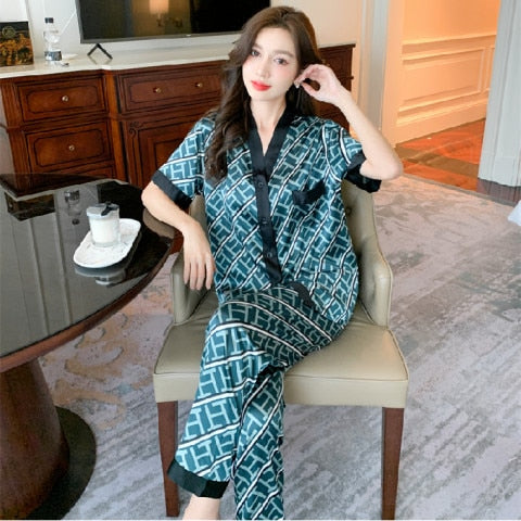 M-5XL Large Size Luxury Stain Pajamas Set Women Summer V Neck Letter Print Satin Sleepwear for Woman with Pants Home Suit Clothe