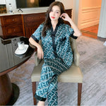 M-5XL Large Size Luxury Stain Pajamas Set Women Summer V Neck Letter Print Satin Sleepwear for Woman with Pants Home Suit Clothe