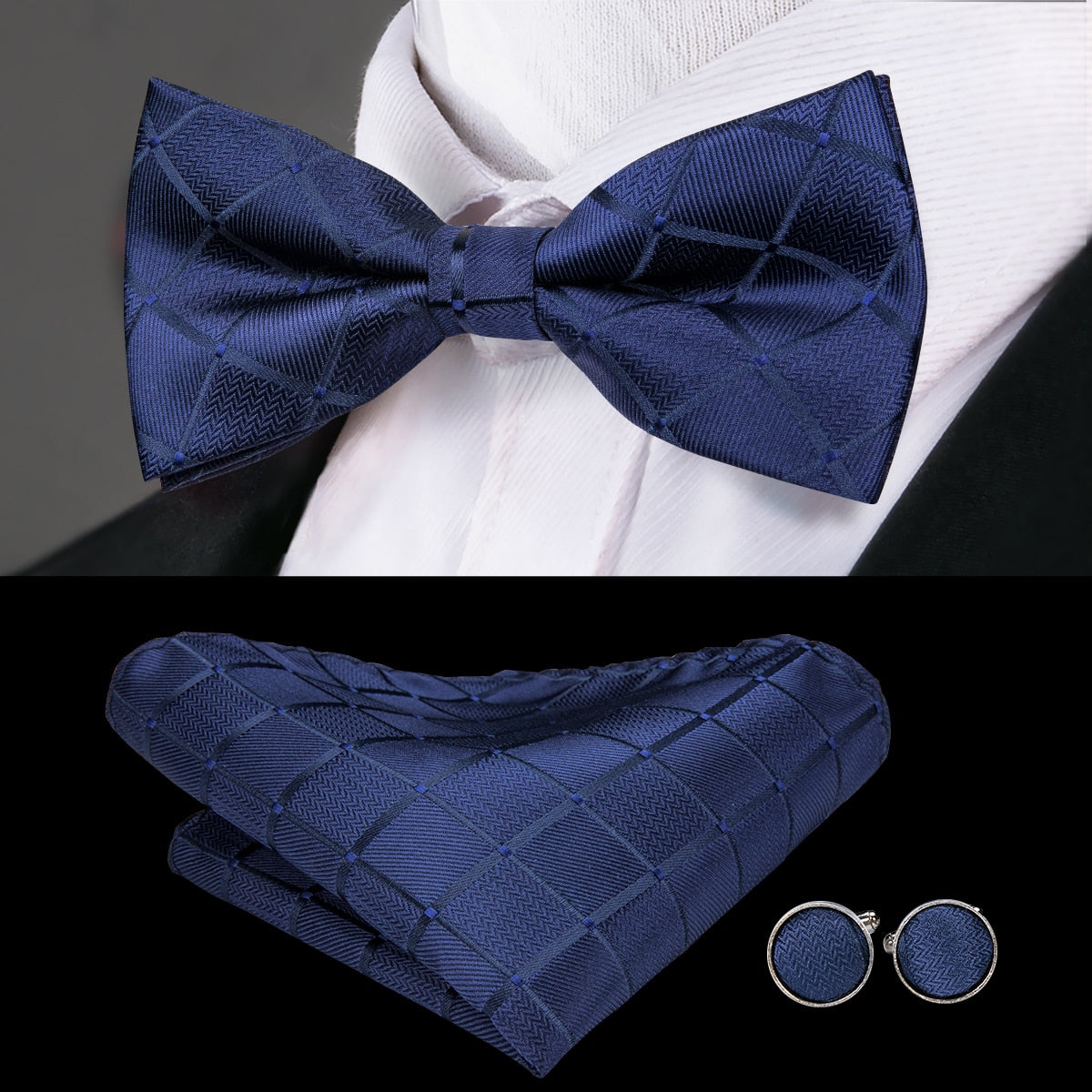 Hi-Tie Classic Black Bow Ties for Men 100% Silk Butterfly Pre-Tied Bow Tie Pocket Square Cufflinks Suit Set Floral Gold Bowties