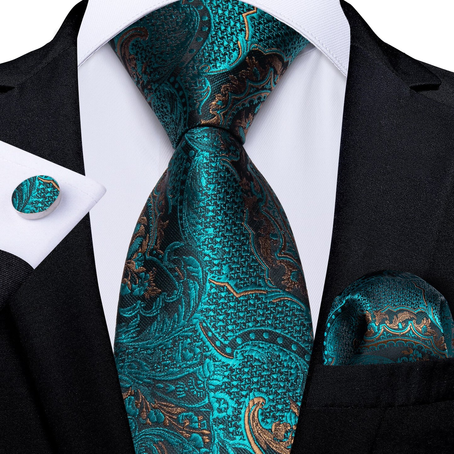 Gift Men Tie Teal Green Paisley Novelty Design Silk Wedding Tie for Men Handky cufflink Tie Set DiBanGu Party Business Fashion
