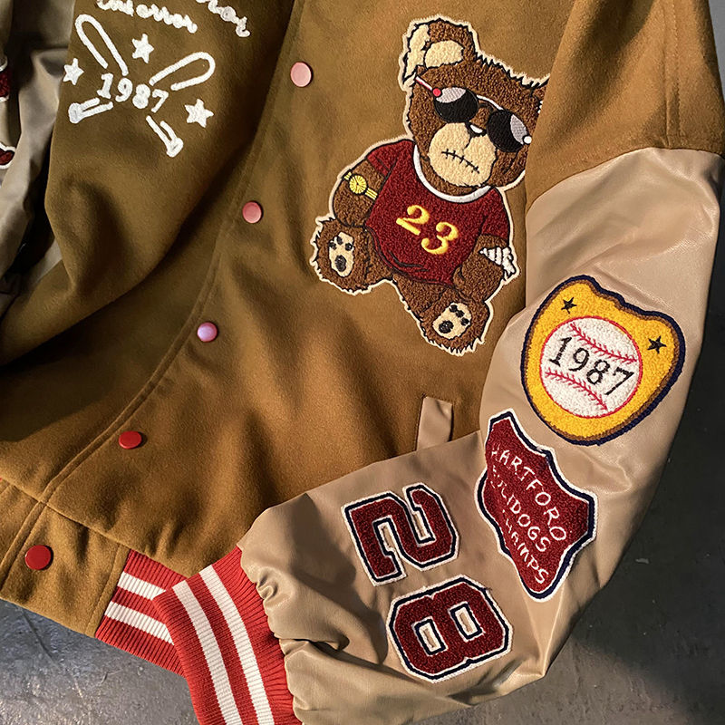 Retro bear embroidered baseball uniform men and women tide ins spring new loose couple street jacket jacket bomber jacket traf