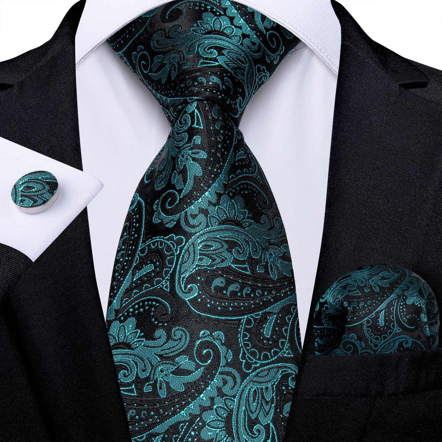 Gift Men Tie Teal Green Paisley Novelty Design Silk Wedding Tie for Men Handky cufflink Tie Set DiBanGu Party Business Fashion