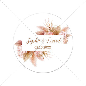 Pampas Grass Custom Name Date Round Circle Label Stickers Personalized Thank You Stickers for Bridal Shower Party Favors