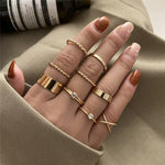 Modyle 10 pcs/set Bohemian Ring Set Gold Silver Color Wide Rings For Women Girls Simple Chain Finger Tail Rings