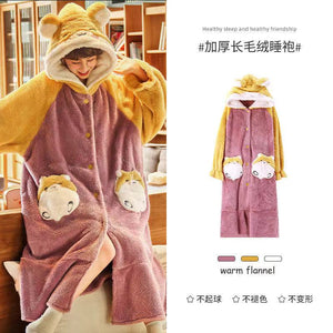 Strawberry Hooded Bathrobe Pajamas Fleece Nightwear Winter Women Warm Thick Coral Velvet Home Wear Nightgown Sleep Wear