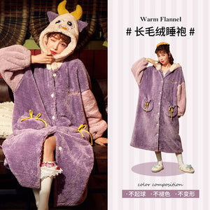 Strawberry Hooded Bathrobe Pajamas Fleece Nightwear Winter Women Warm Thick Coral Velvet Home Wear Nightgown Sleep Wear