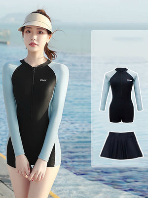 Summer One Piece Swimsuit With Skirt 2022 Women Short/Long Sleeve Swimwear Female Beachwear Bodysuit Bathing Swimming Suits