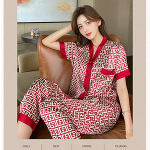 M-5XL Large Size Luxury Stain Pajamas Set Women Summer V Neck Letter Print Satin Sleepwear for Woman with Pants Home Suit Clothe