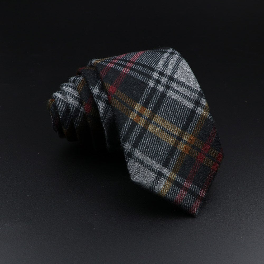 Men&#39;s Plaid Tie Cotton Black Grey Red Necktie Handmade Wool Narrow Collar Ties Wedding Business Party Suit Shirt Gift Accessory