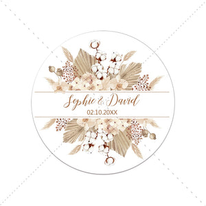 Pampas Grass Custom Name Date Round Circle Label Stickers Personalized Thank You Stickers for Bridal Shower Party Favors