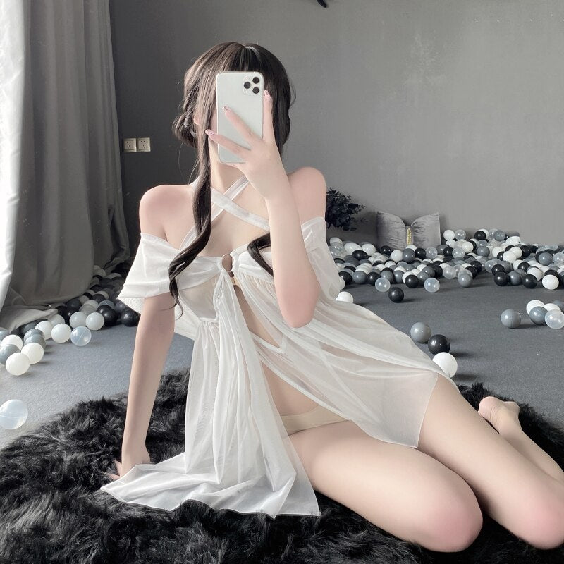 OJBK Women Lingerie Lace Nightgown Sleeveless Open Chest Sleepwear Soft Pajama Dress Short Nightdress Halter Boudoir Outfits New