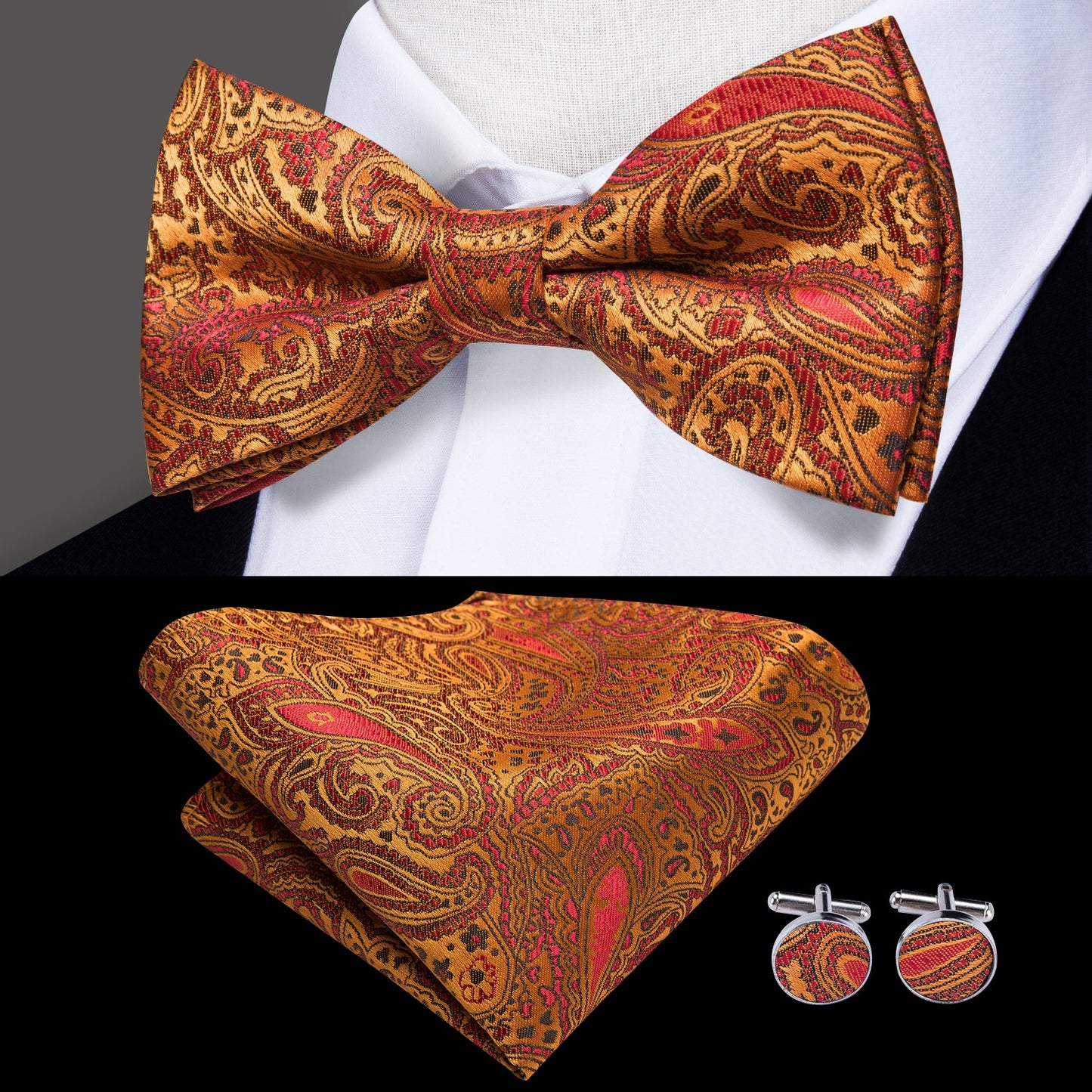 Hi-Tie Classic Black Bow Ties for Men 100% Silk Butterfly Pre-Tied Bow Tie Pocket Square Cufflinks Suit Set Floral Gold Bowties