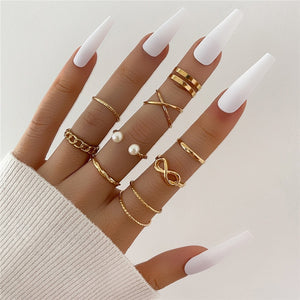 Modyle 10 pcs/set Bohemian Ring Set Gold Silver Color Wide Rings For Women Girls Simple Chain Finger Tail Rings