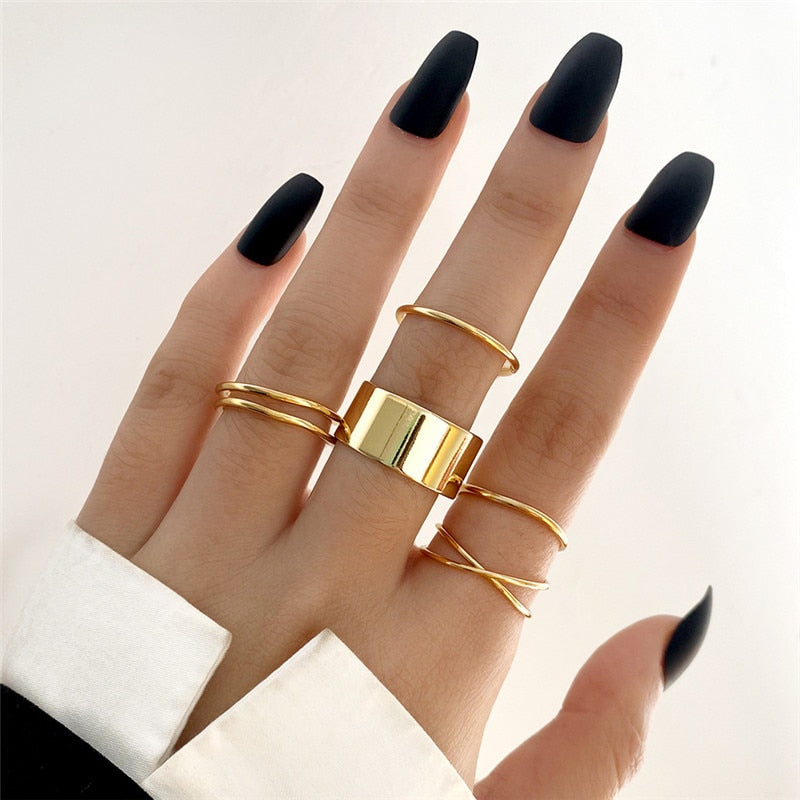 Modyle 10 pcs/set Bohemian Ring Set Gold Silver Color Wide Rings For Women Girls Simple Chain Finger Tail Rings