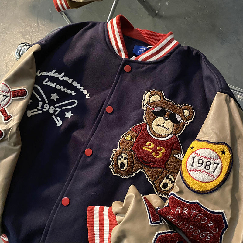 Retro bear embroidered baseball uniform men and women tide ins spring new loose couple street jacket jacket bomber jacket traf