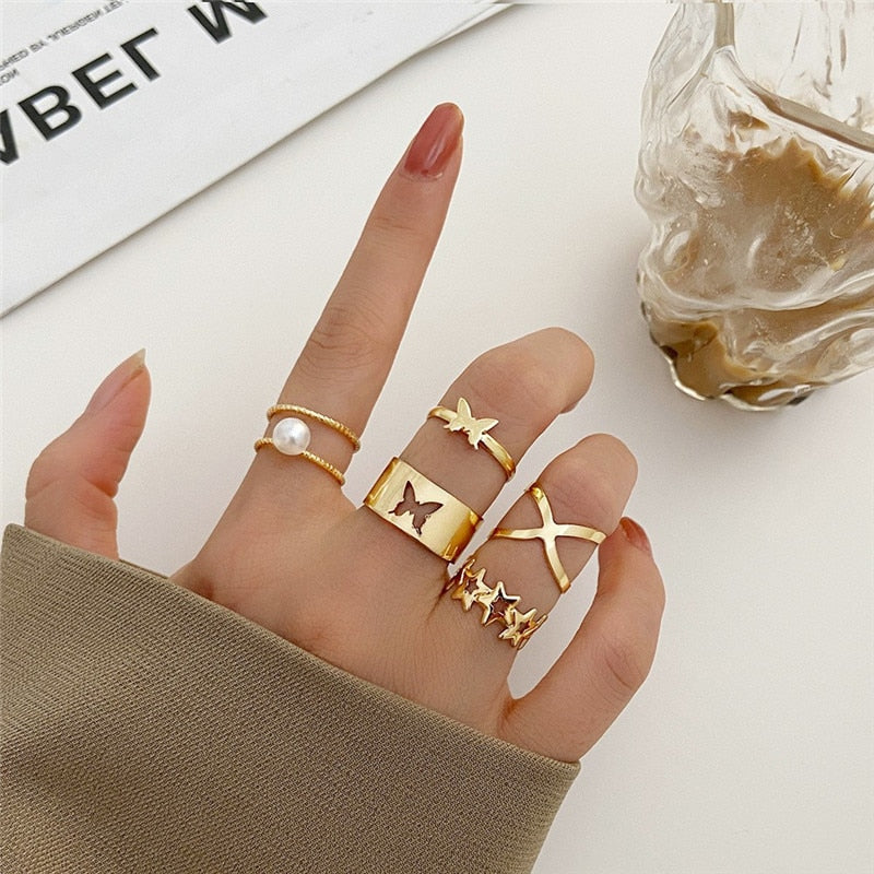 Modyle 10 pcs/set Bohemian Ring Set Gold Silver Color Wide Rings For Women Girls Simple Chain Finger Tail Rings