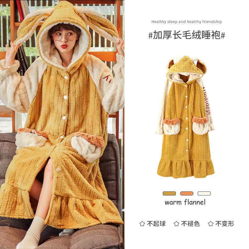 Strawberry Hooded Bathrobe Pajamas Fleece Nightwear Winter Women Warm Thick Coral Velvet Home Wear Nightgown Sleep Wear