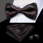 Hi-Tie Classic Black Bow Ties for Men 100% Silk Butterfly Pre-Tied Bow Tie Pocket Square Cufflinks Suit Set Floral Gold Bowties