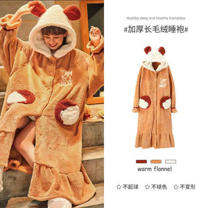 Strawberry Hooded Bathrobe Pajamas Fleece Nightwear Winter Women Warm Thick Coral Velvet Home Wear Nightgown Sleep Wear