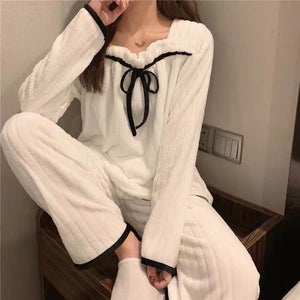 Coral Fleece Pajamas Sets For Women Autumn Winter Thick Warm Sweet Cute Sleepwear Flannel Lounge Wear Homewear Nightie Female