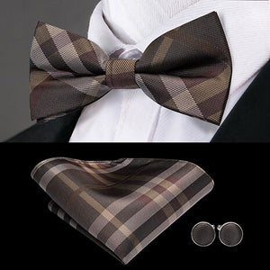 Hi-Tie Classic Black Bow Ties for Men 100% Silk Butterfly Pre-Tied Bow Tie Pocket Square Cufflinks Suit Set Floral Gold Bowties