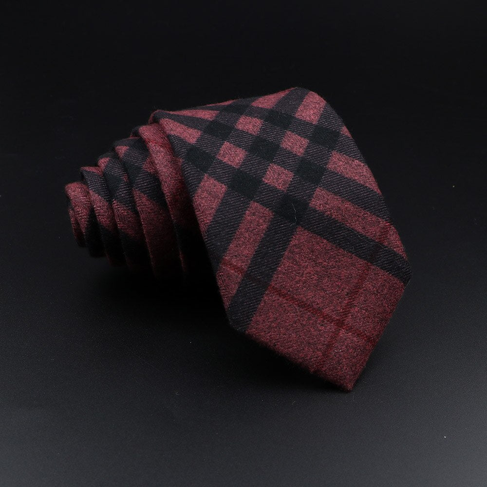 Men&#39;s Plaid Tie Cotton Black Grey Red Necktie Handmade Wool Narrow Collar Ties Wedding Business Party Suit Shirt Gift Accessory