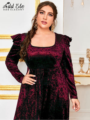 Add Elegant Autumn 2022 Plus Size Velvet for Women Dresses Square Collar Ruffles Solid Vintage Female A-LINE Party Dress B068