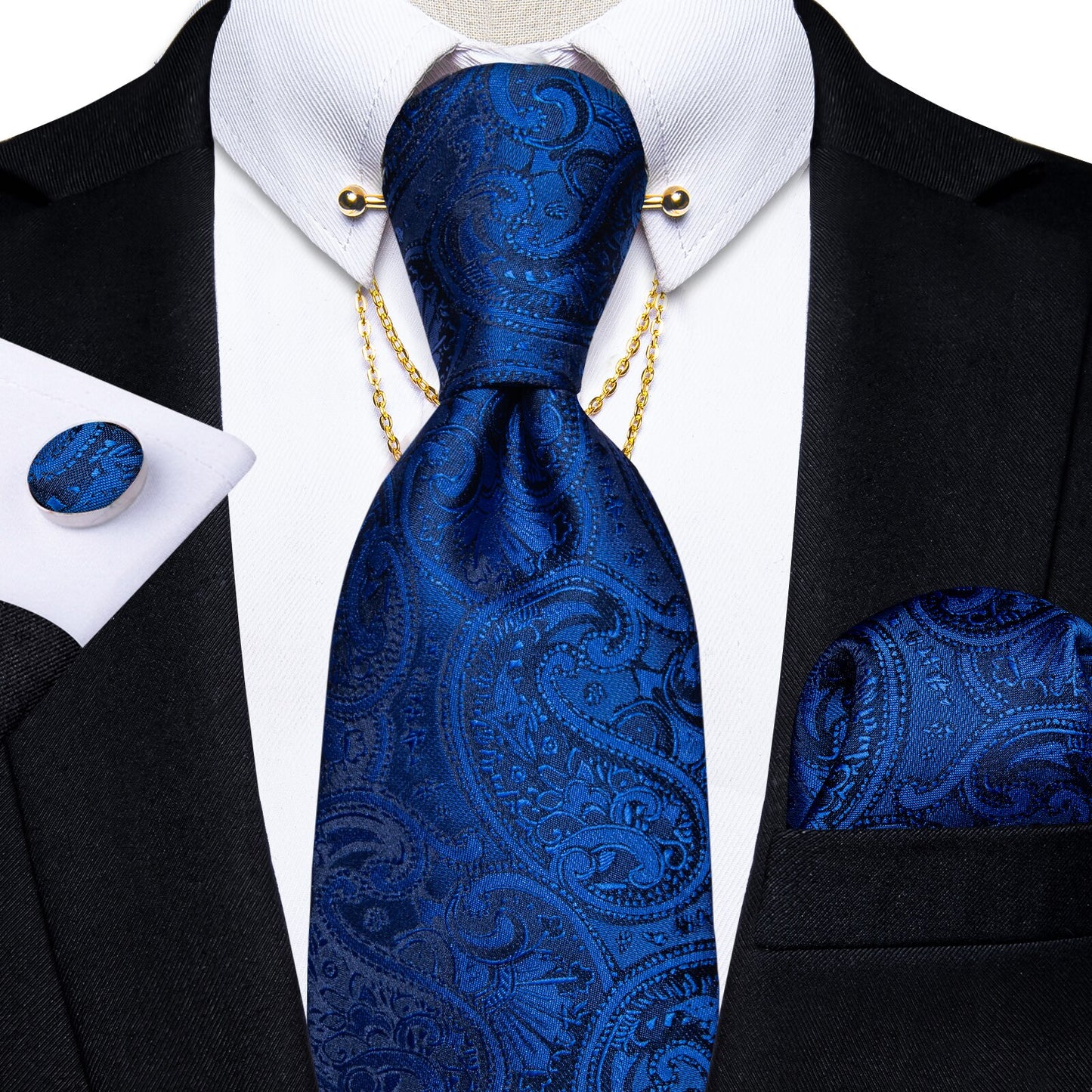 Luxury Black Gold Paisley Silk Ties For Men 8cm Men's Wedding Neck Tie Pocket Square Cufflinks Set Collar Pin Men's Gift