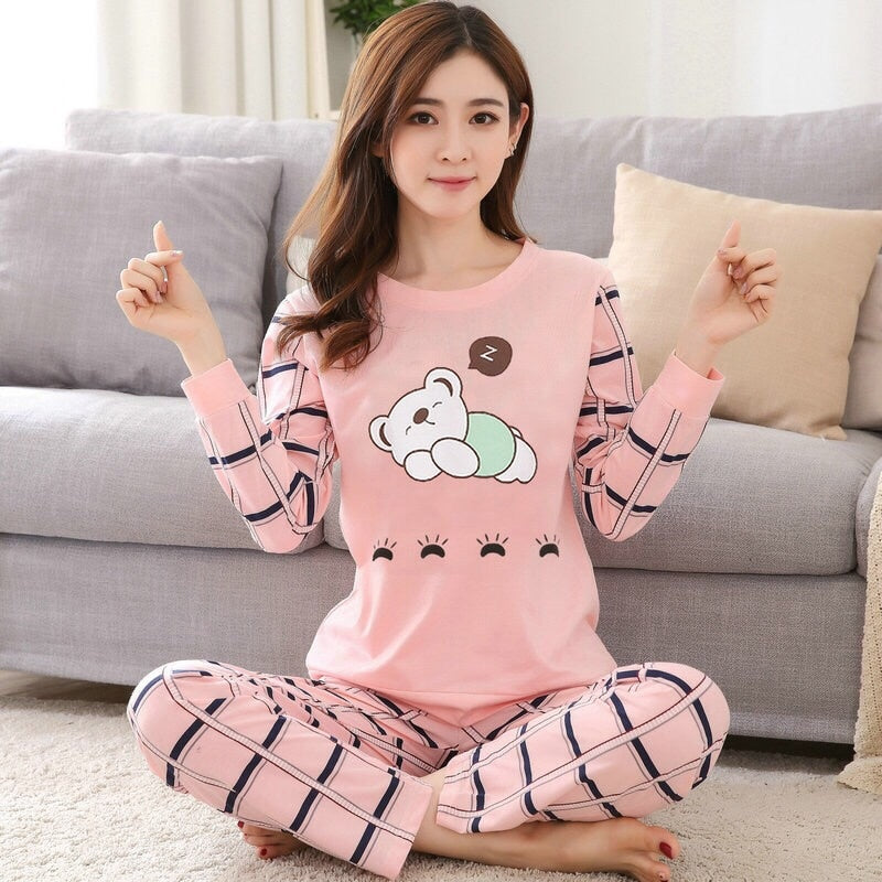 Autumn Thin 2pieces Pyjamas Set Women Sleepwear Lovely Home Suits 2021 Round Neck Girls Teacup SleepwearLong Sleeve Pajamas