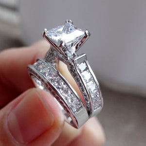 2 Pcs/set Luxury 1.2ct Princess Cut Square Zircon Rings Classic Ladies Engagement Wedding Ring Set Bridal Gift