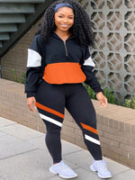 LW Plus Size Women Two Piece Color-lump Tracksuit Pants Set Patchwork Sporty Long Sleeve Conventional Collar Autumn Outfits