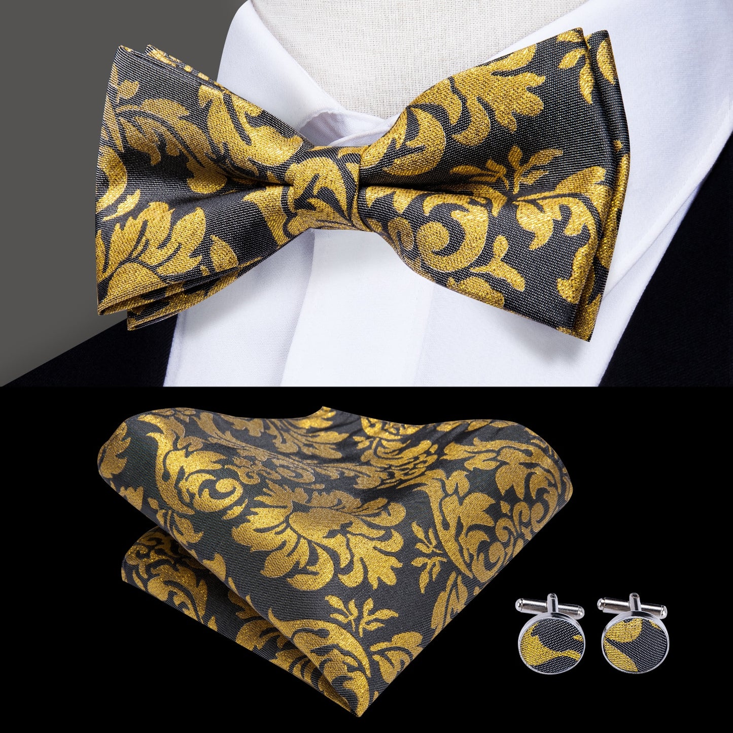 Hi-Tie Classic Black Bow Ties for Men 100% Silk Butterfly Pre-Tied Bow Tie Pocket Square Cufflinks Suit Set Floral Gold Bowties