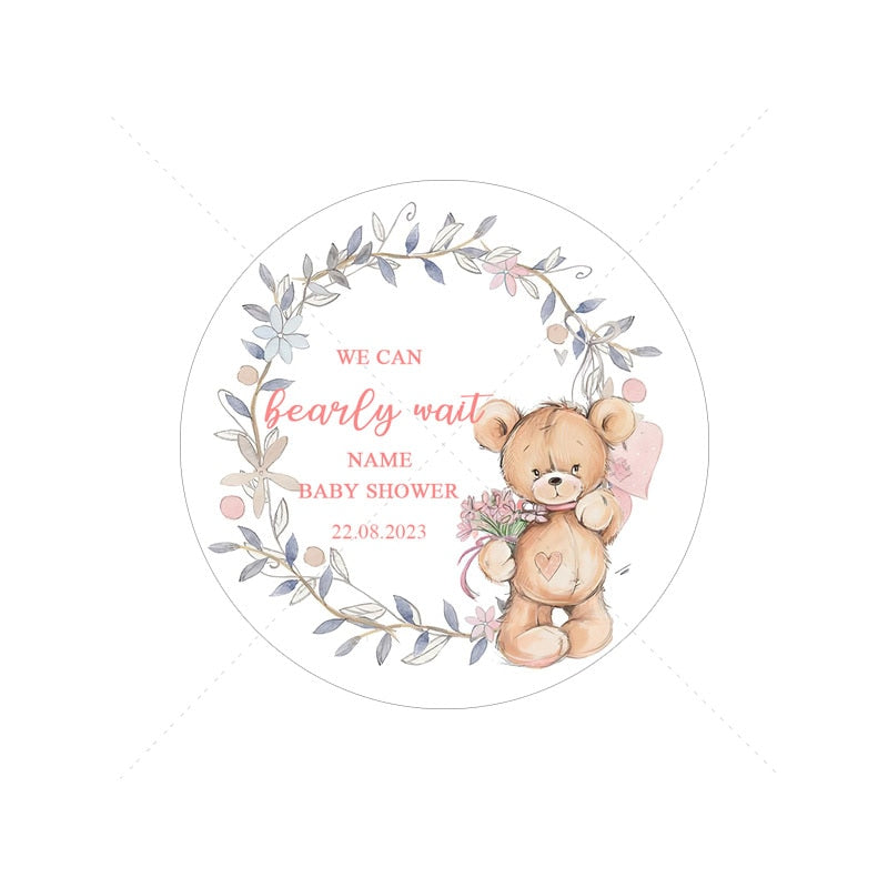 Custom Cartoon Teddy Bear Stickers Welcome Baby Boy Girl Stickers Labels Personalized New Born Gender Reveal Baby Shower Decor