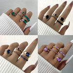 Aprilwell 5Pcs Green Crystal Rings Set for Women Gold Plated Vintage Aesthetic Geometric Luxury Anillos Lady Jewelry Gifts Bague