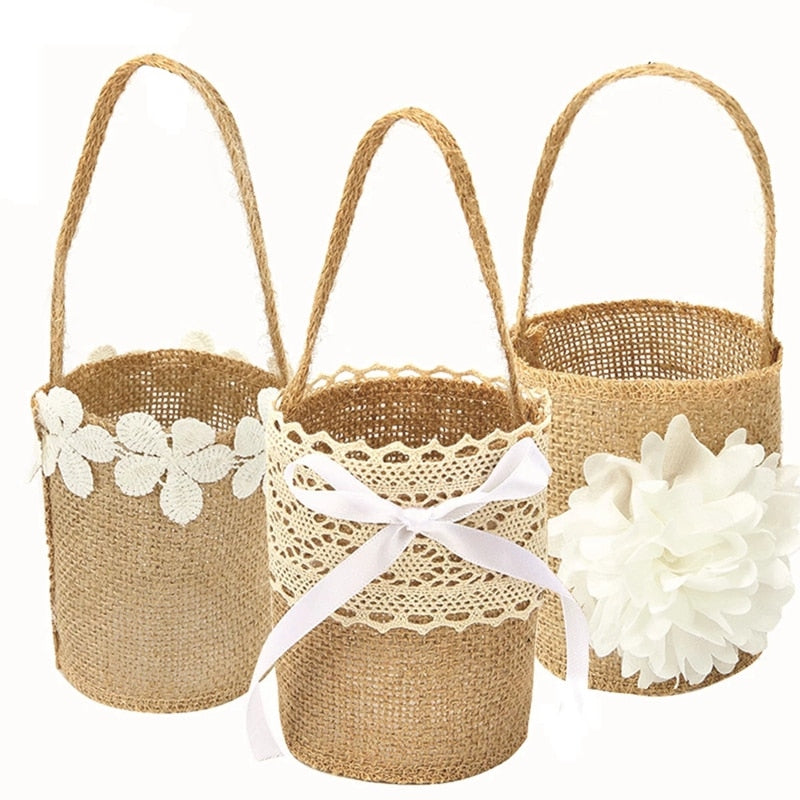 Wedding Lace Burlap Flower Basket Linen Handle Vintage Rustic Wedding Ceremony Table Decoration Baby Shower Party Candy Gift Bag
