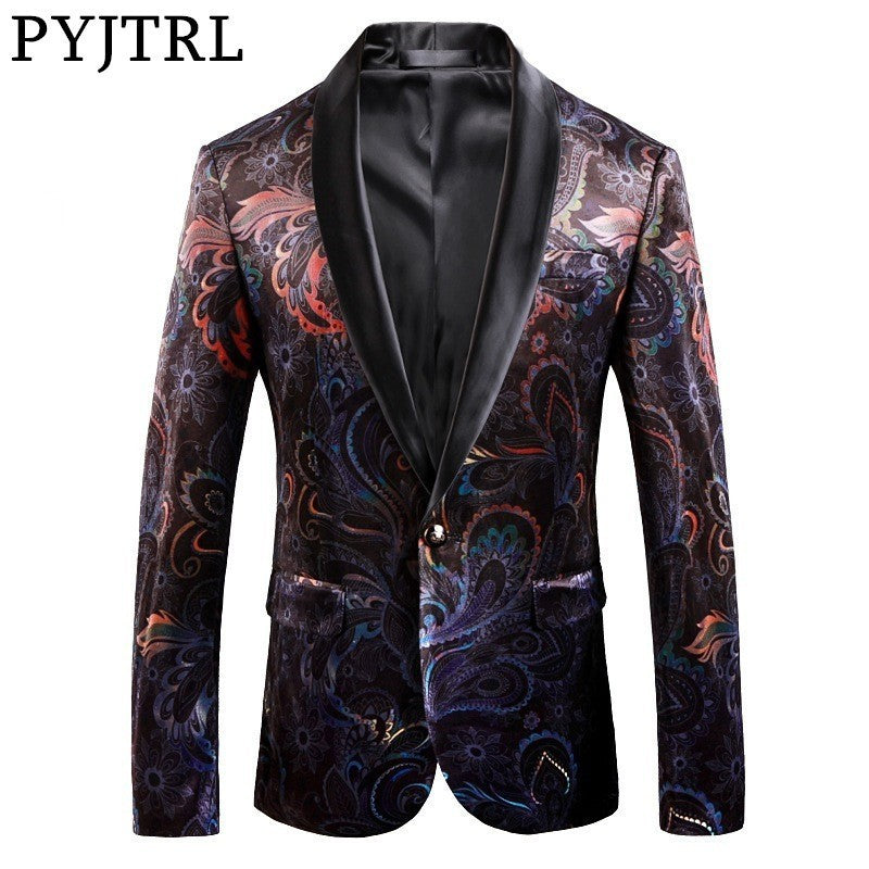 PYJTRL Brand Gentleman Luxury Retro Vintage Shawl Lapel Velvet Print Blazer Slim Fit Floral Pattern Coat Men Casual Suit Jacket